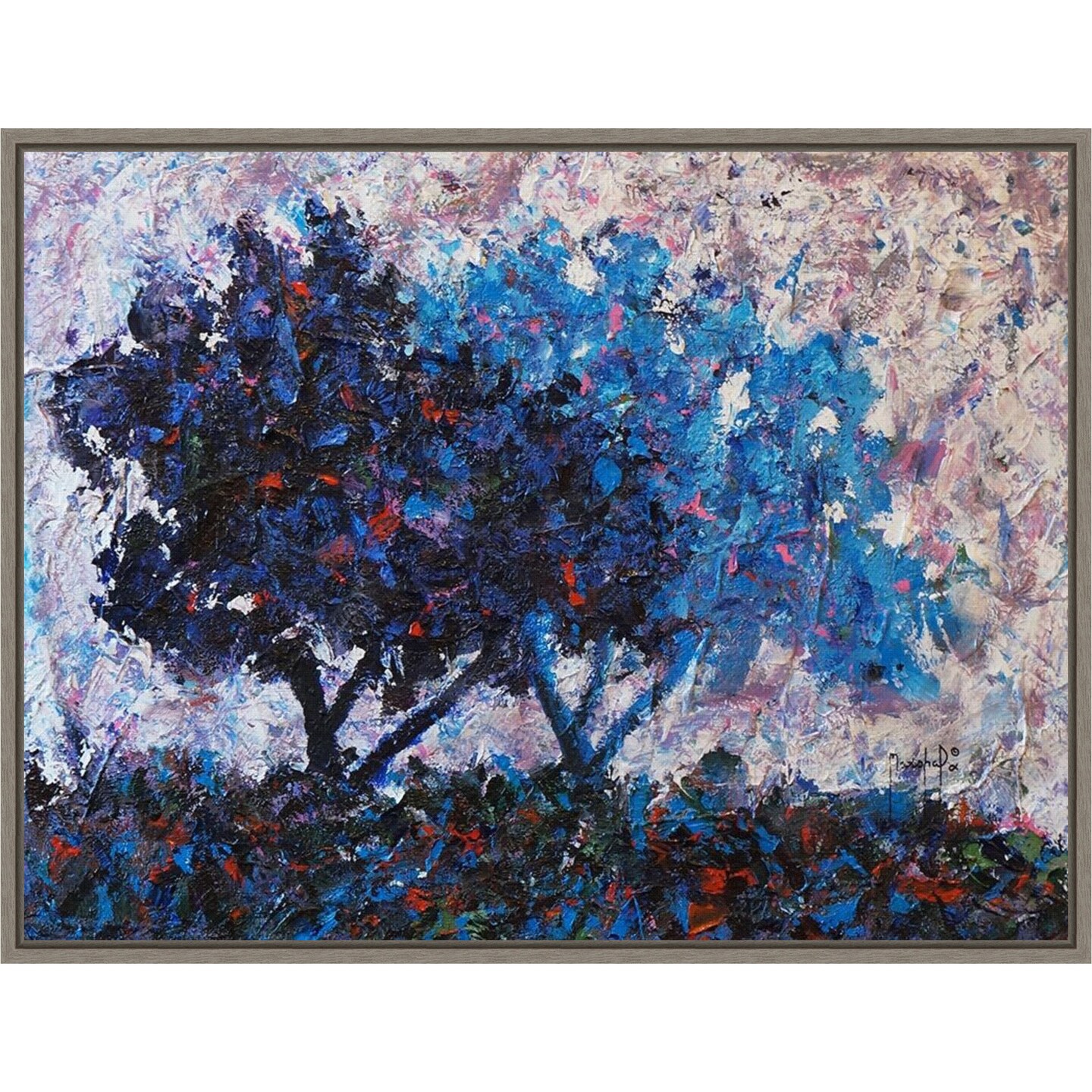 Blue Trees by Joseph Marshal Foster 24in. W x 18in. H. Canvas Wall Art Print Framed in Grey