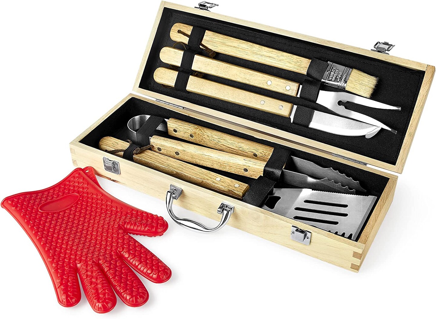 Makerflo 11 Pcs BBQ Grill Accessories Set Barbecue Maple Wood Toolbox Stainless Steel Grill Utensils | Camping Grilling Rust Free Portable Kit Ideal for Craft- Laser Engraving Epoxy, UV DTF, Vinyl