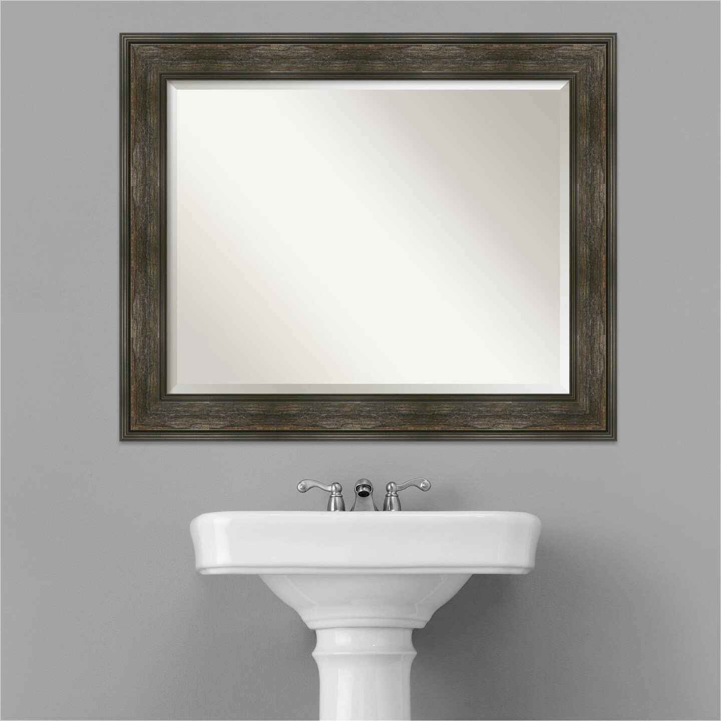 Beveled Bathroom Wall Mirror, Rail Rustic Char Frame