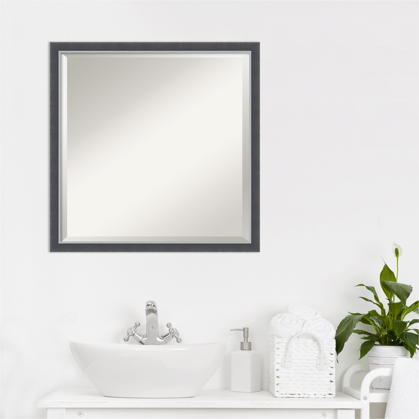 Beveled Bathroom Wall Mirror, Eva Black Silver Thin Frame