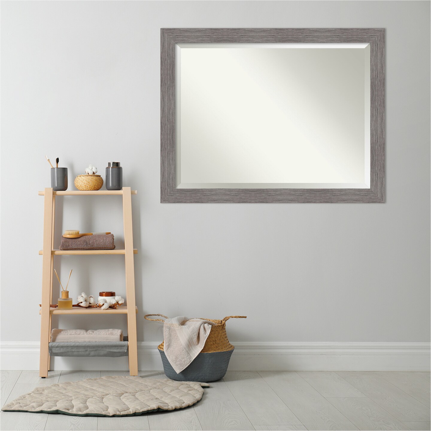 Beveled Bathroom Wall Mirror, Pinstripe Plank Grey Frame