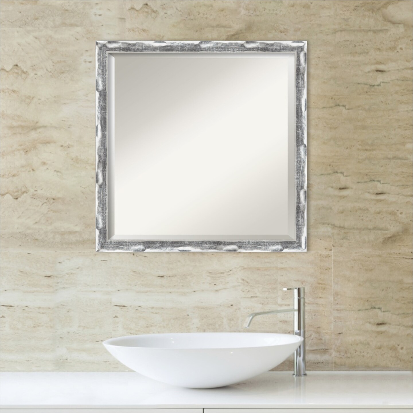 Beveled Bathroom Wall Mirror, Scratched Wave Chrome Frame