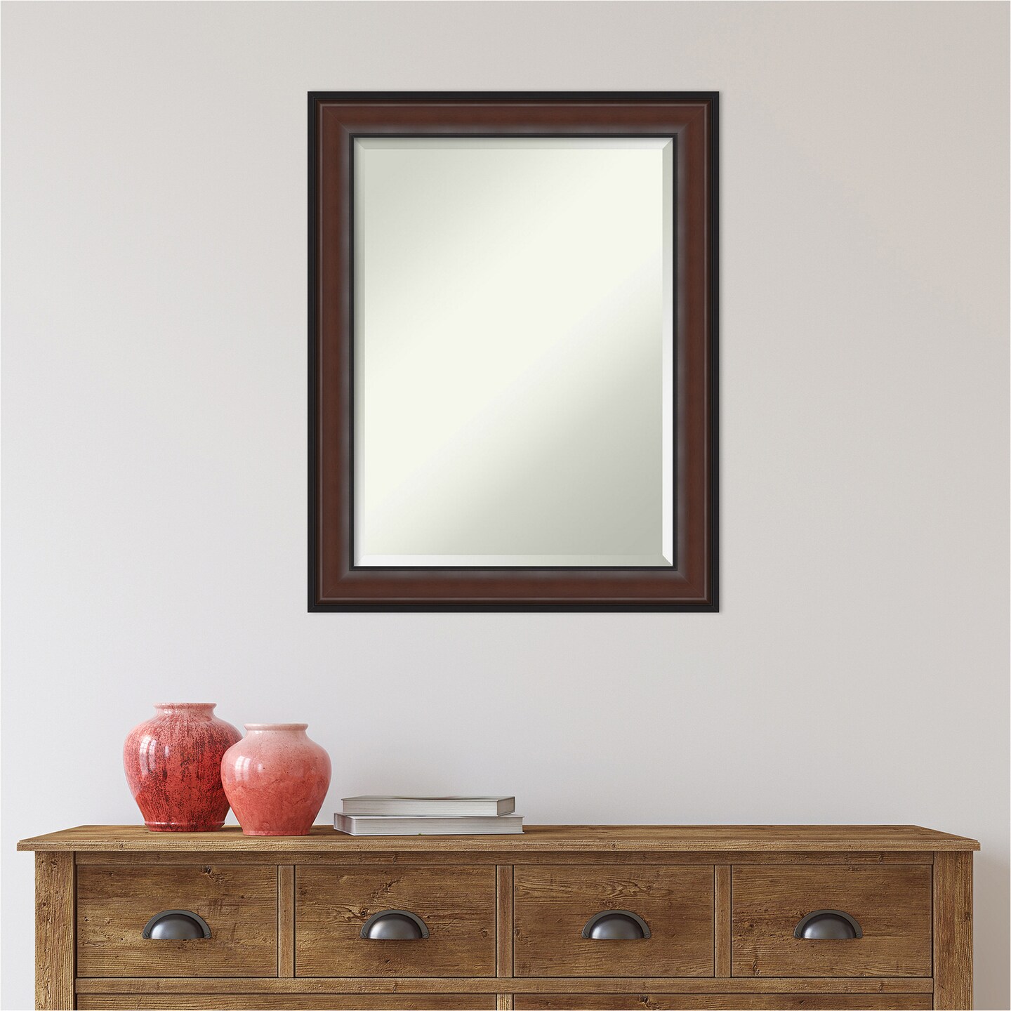 Beveled Bathroom Wall Mirror, Harvard Walnut Frame