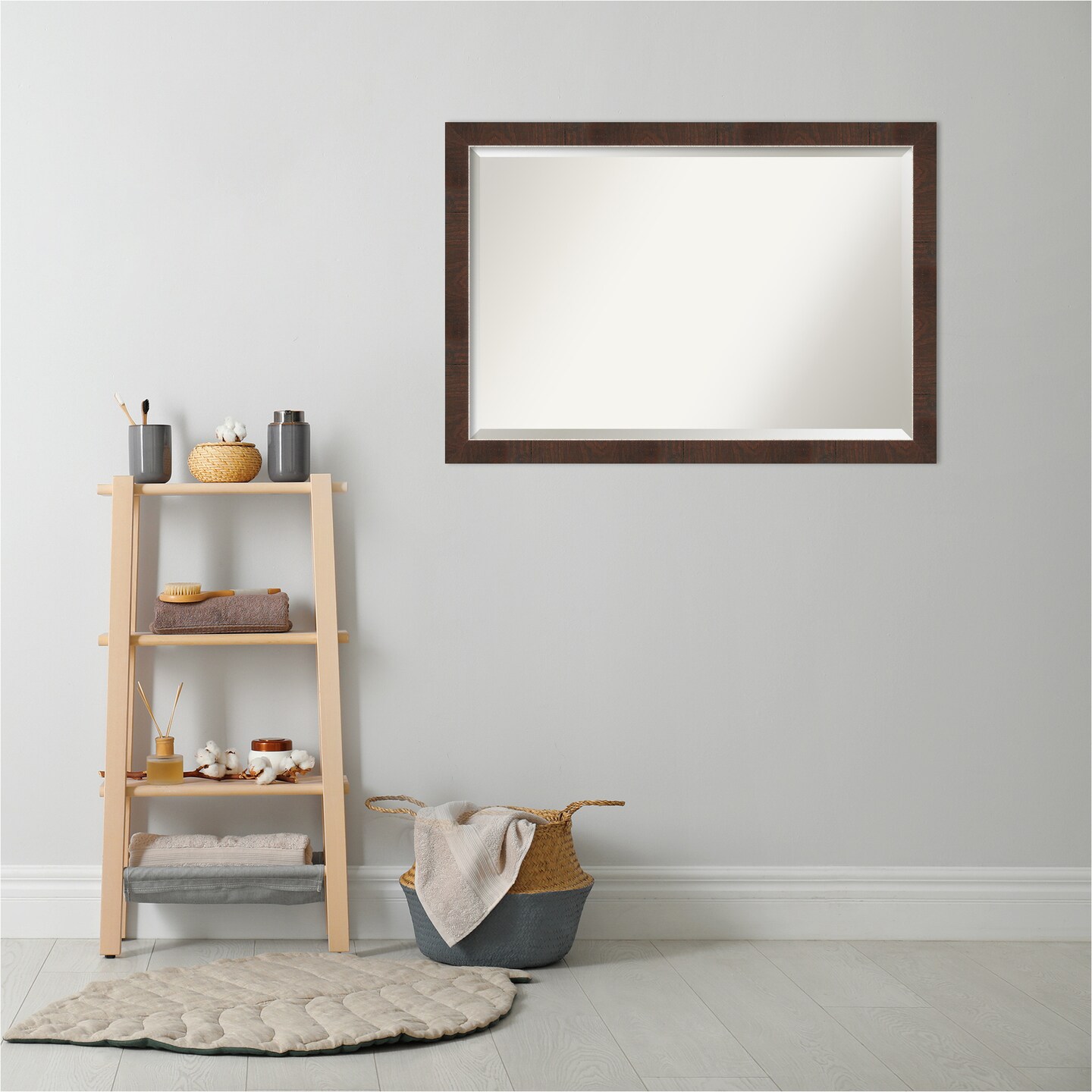 Beveled Bathroom Wall Mirror, Wildwood Brown Narrow Frame