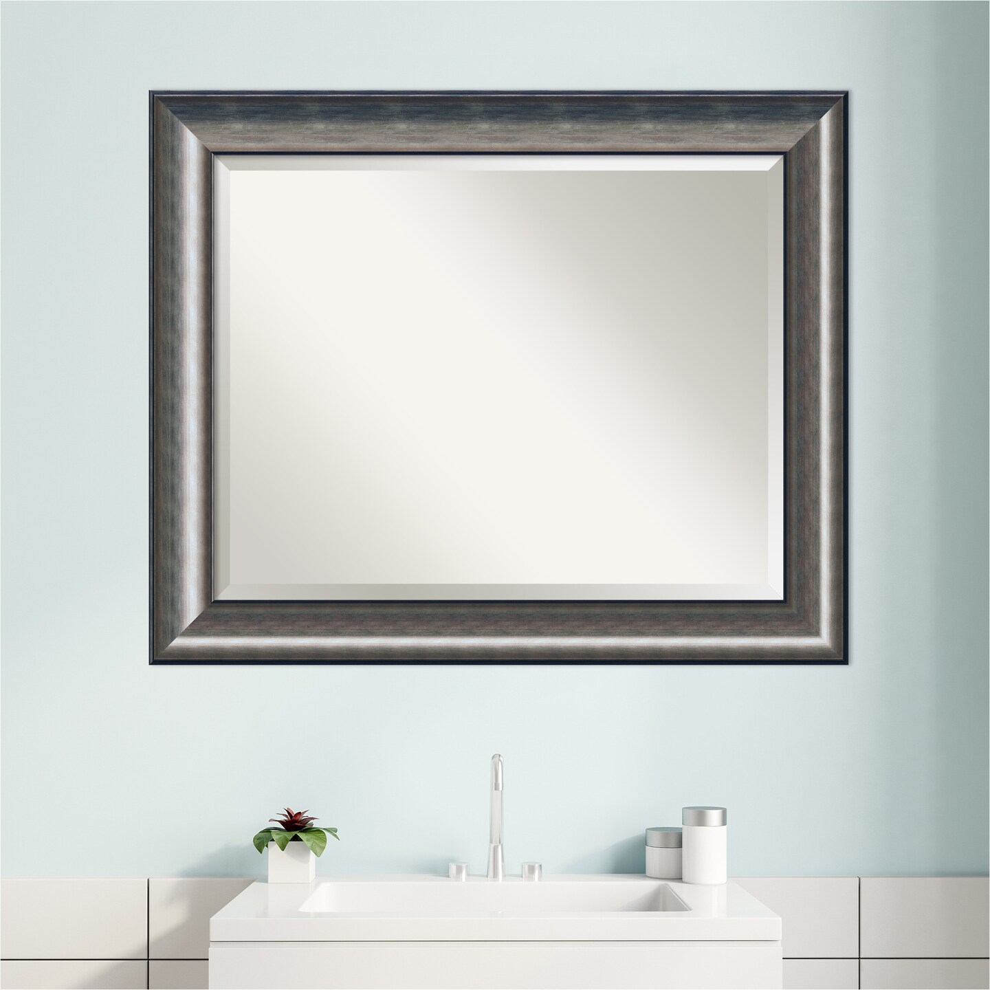 Beveled Wood Bathroom Wall Mirror, Quicksilver Scoop Frame