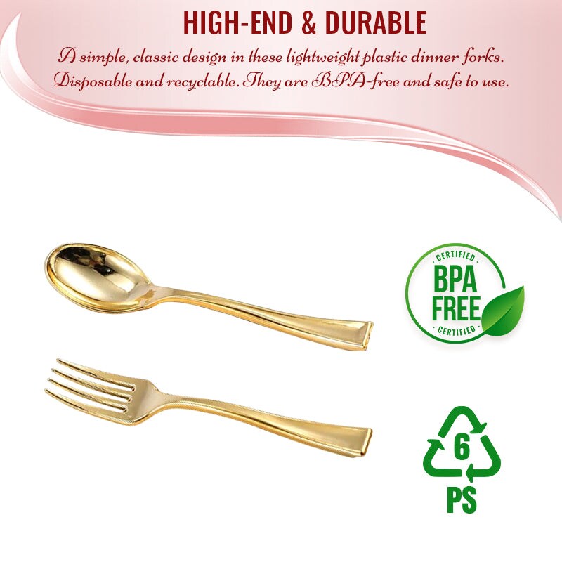 Gold Disposable Plastic Mini Flatware Set - Dessert Spoons and Dessert Forks (600 Guests)
