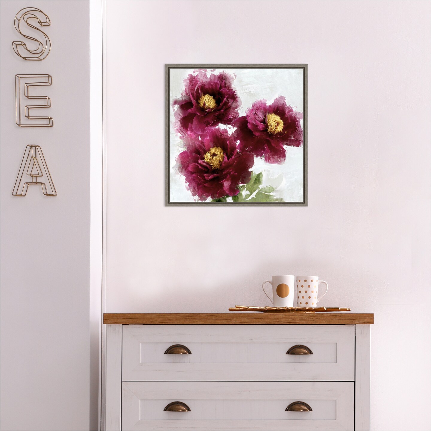 Burgundy Bloom I by Jesse Stevens 16-in. W x 16-in. H. Canvas Wall Art Print Framed in Grey