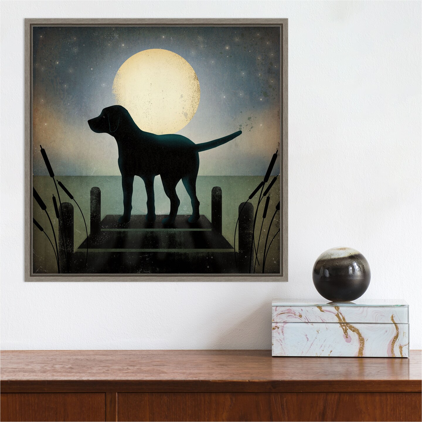 Moonrise Black Dog by Ryan Fowler 16-in. W x 16-in. H. Canvas Wall Art Print Framed in Grey