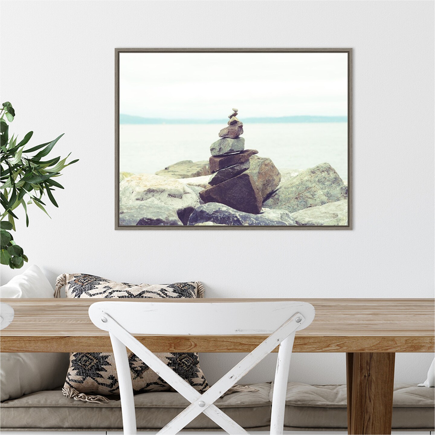 Bay Rocks and Beach II by Sonja Quintero 24-in. W x 18-in. H. Canvas Wall Art Print Framed in Grey