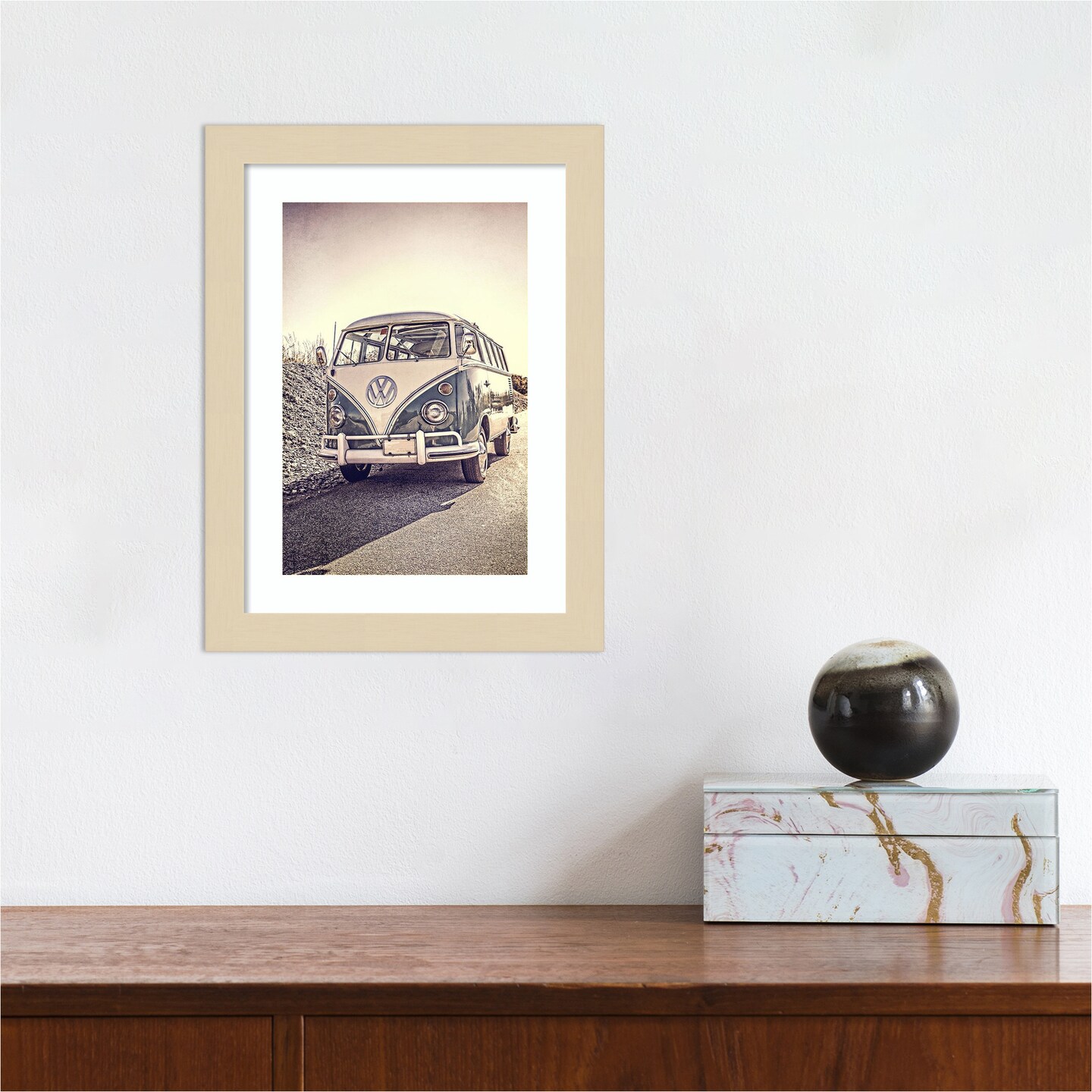 Surfers Vintage VW Bus by Edward M Fielding Wood Framed Wall Art Print