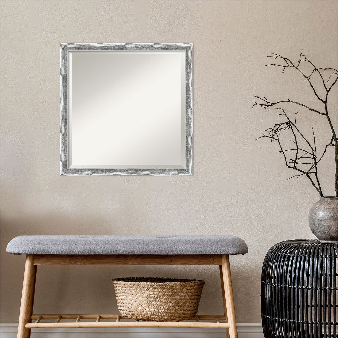Beveled Bathroom Wall Mirror, Scratched Wave Chrome Frame