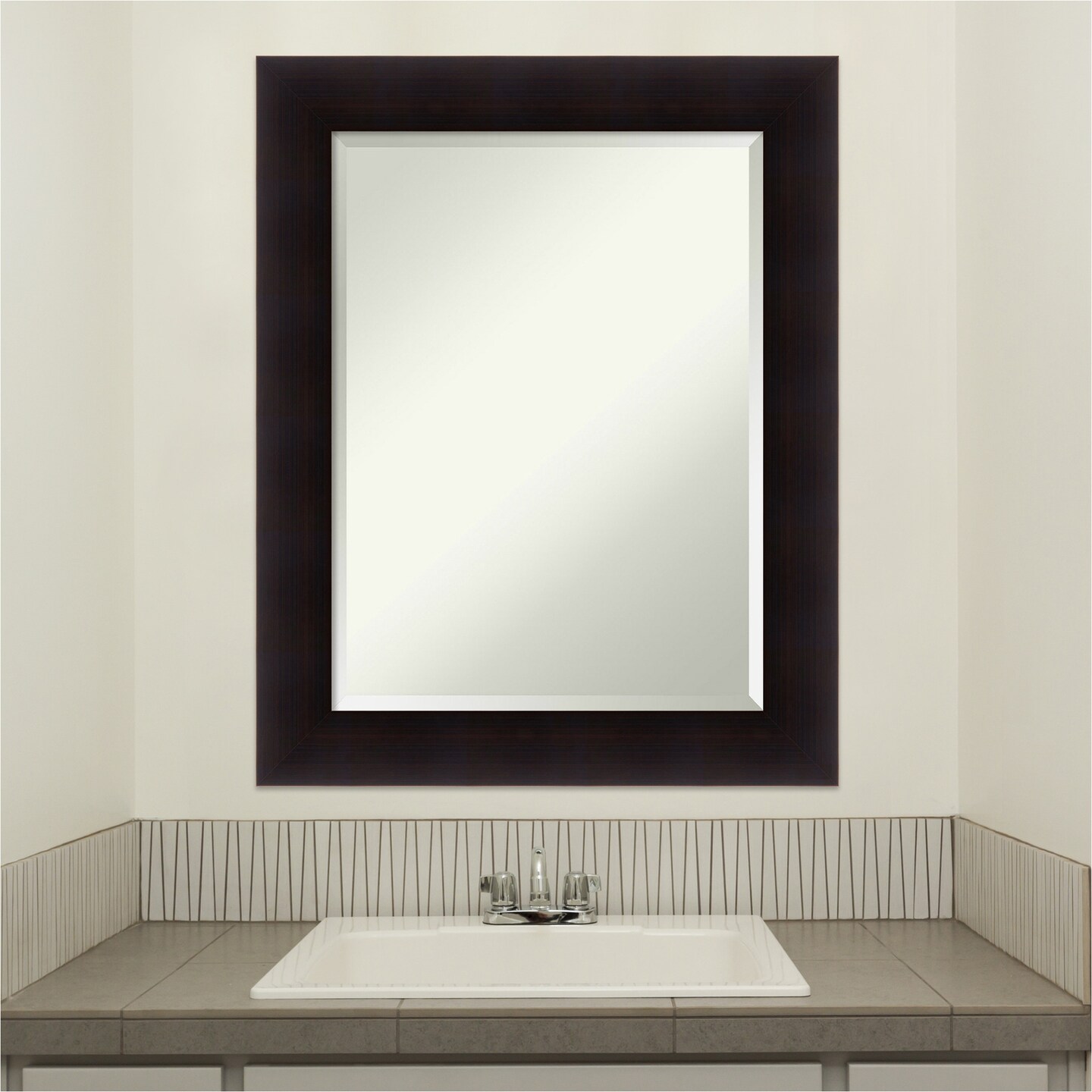 Beveled Wood Bathroom Wall Mirror, Portico Espresso Frame