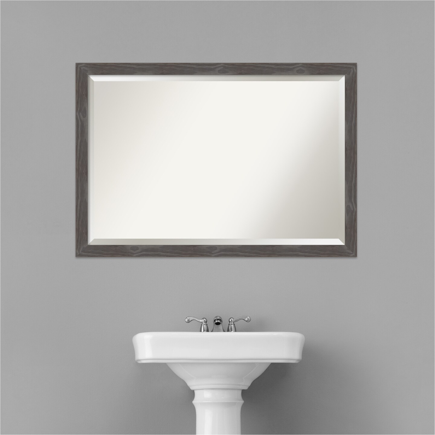 Beveled Wood Bathroom Wall Mirror, Woodridge Rustic Grey Frame