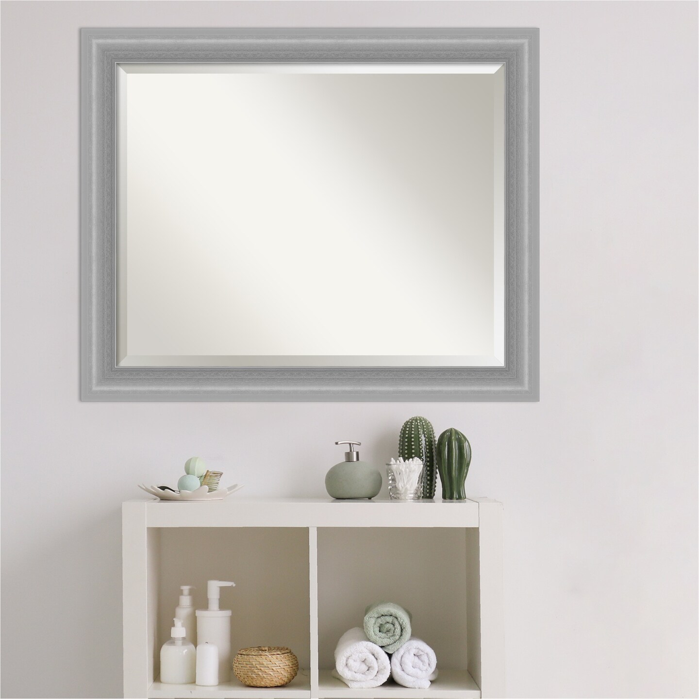 Beveled Bathroom Wall Mirror, Peak Polished Nickel Narrow Frame