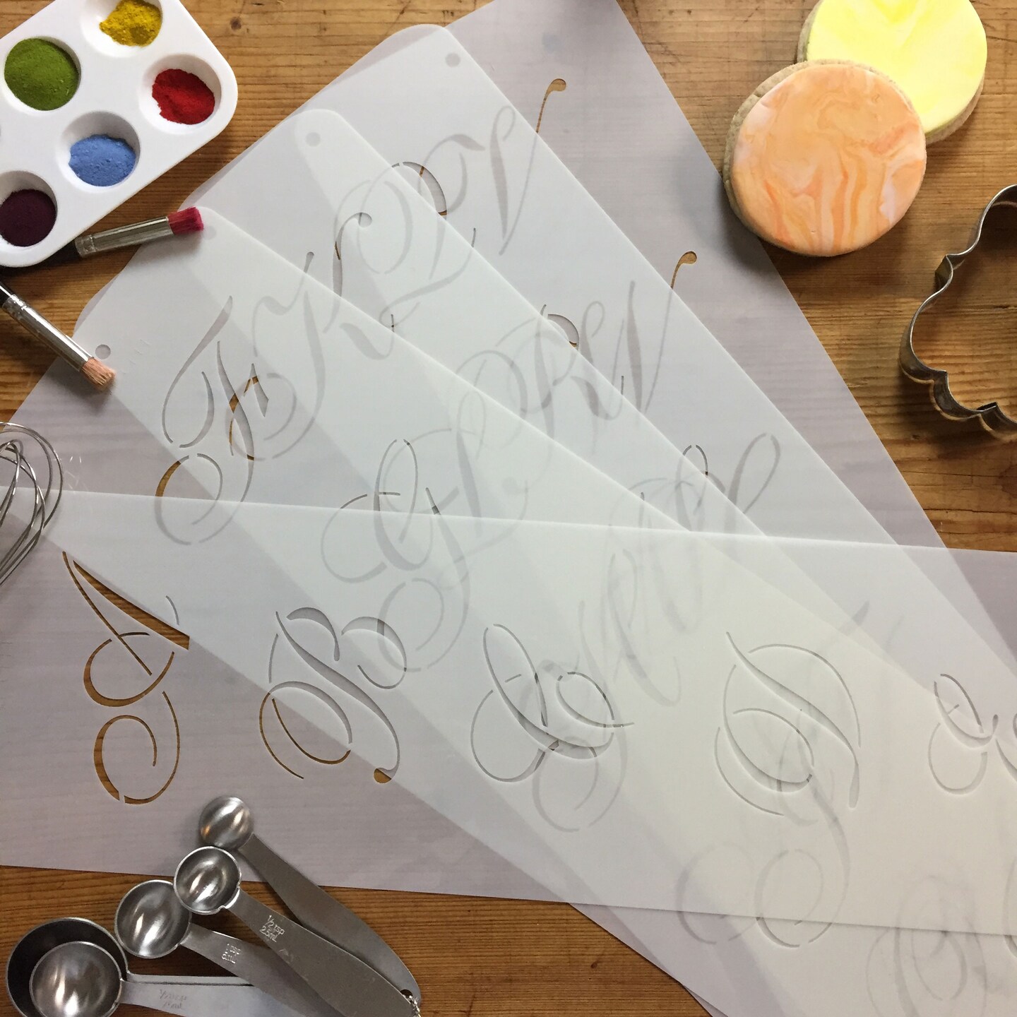 2.25-Inch Large Script Cake Stencil | C111 by Designer Stencils | Cake Decorating Tools | Baking Stencils for Royal Icing, Airbrush, Dusting Powder | Reusable Plastic Food Grade Stencil for Cakes | Easy to Use & Clean Cake Stencil