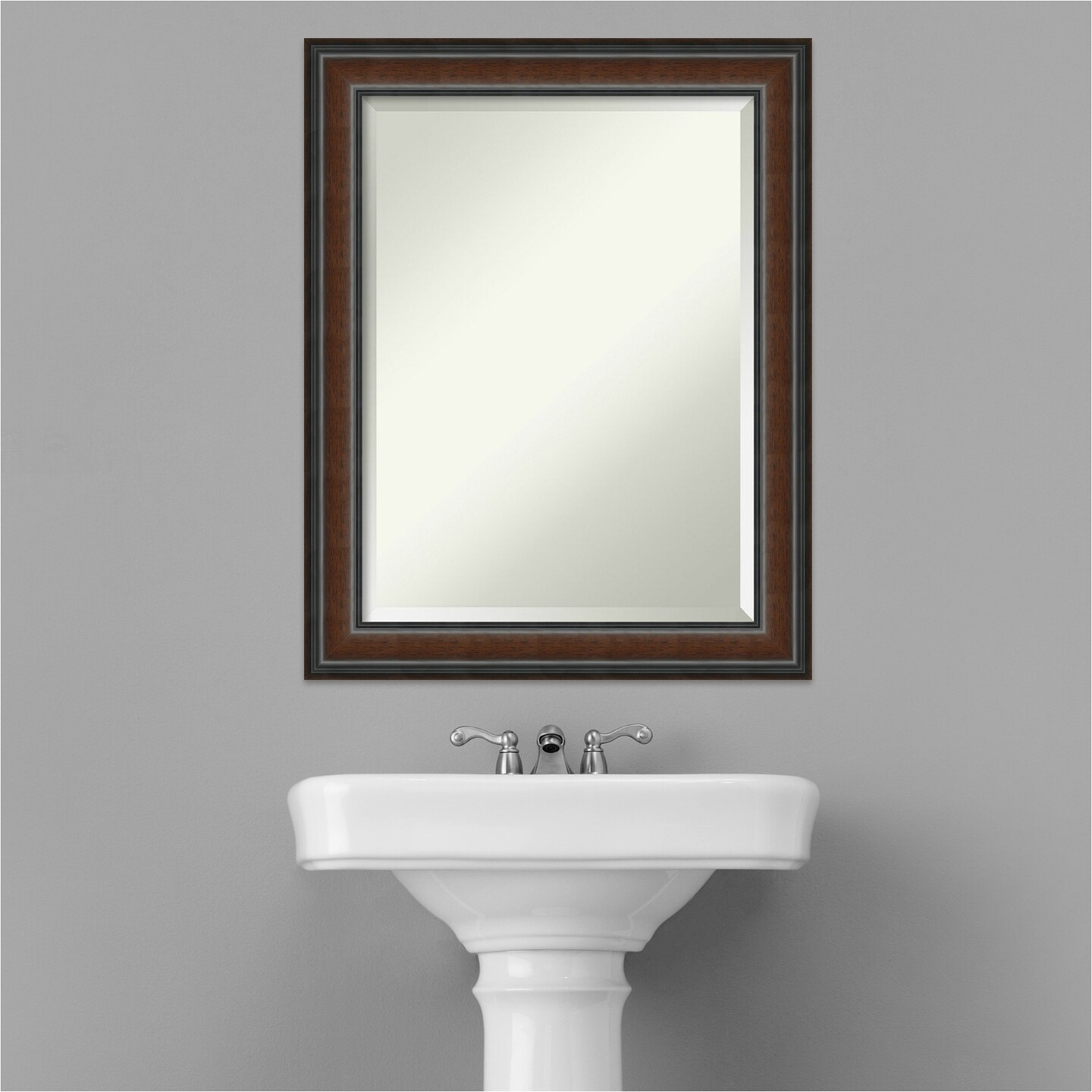 Beveled Wood Bathroom Wall Mirror, Cyprus Walnut Narrow Frame