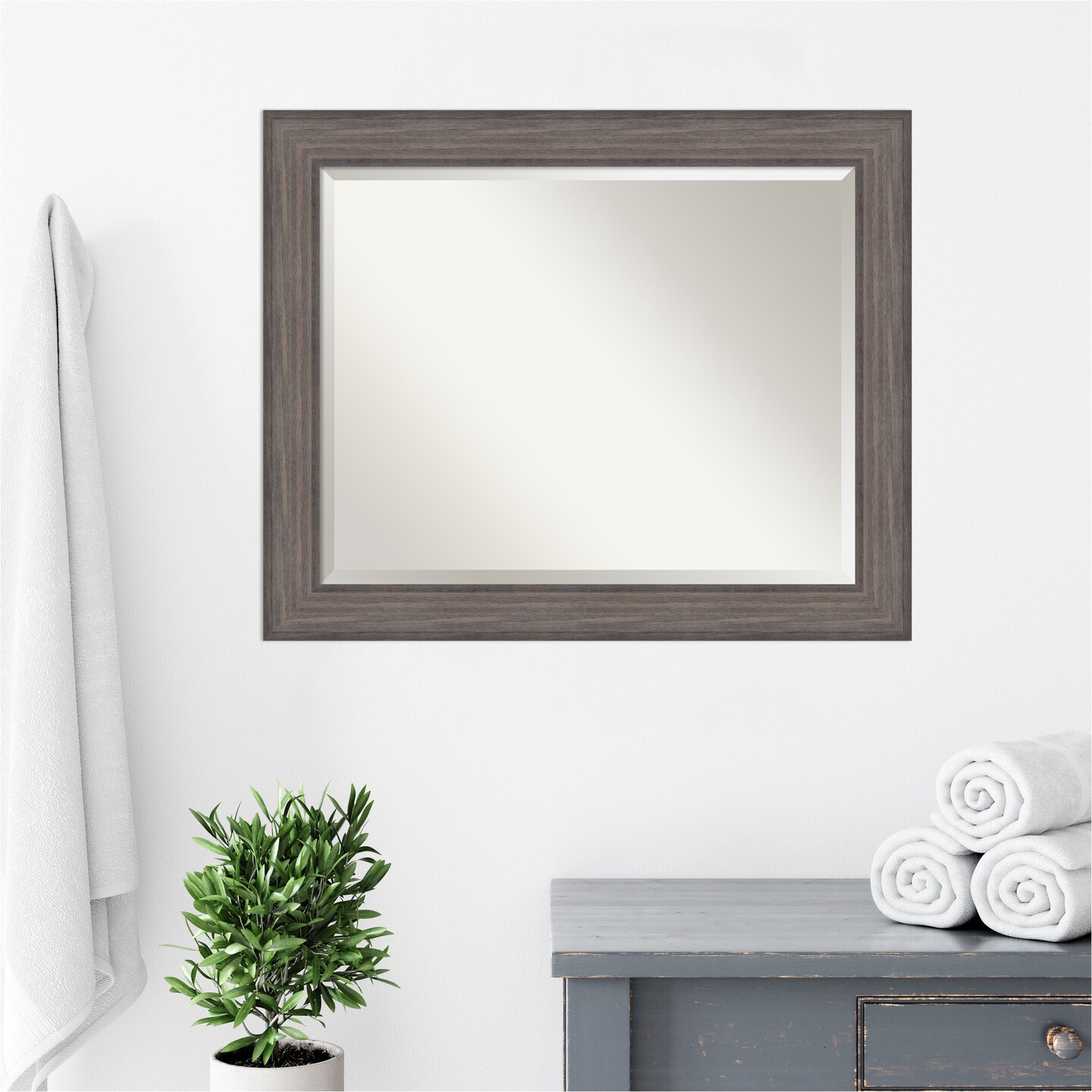 Beveled Wood Bathroom Wall Mirror, Country Barnwood Frame