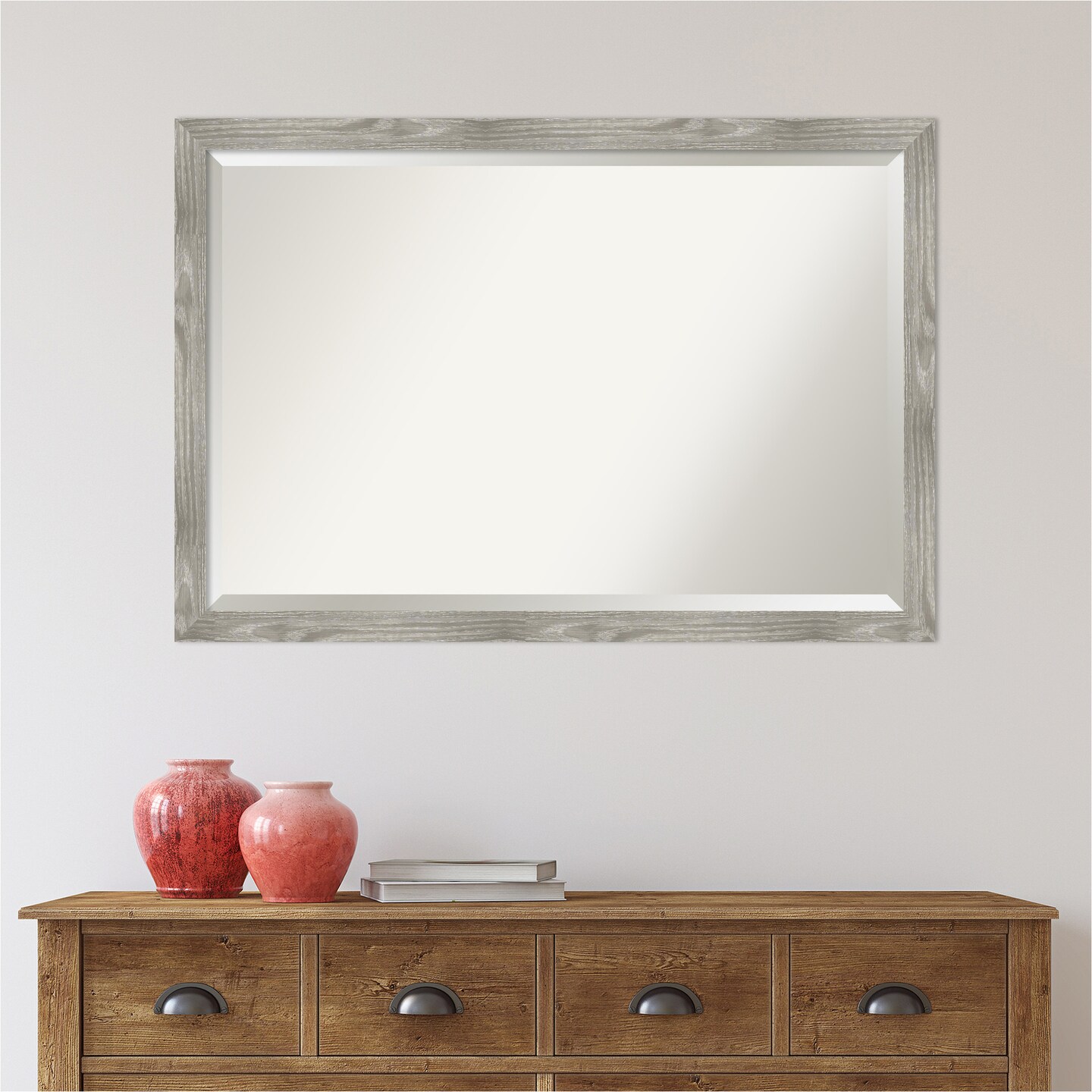 Beveled Bathroom Wall Mirror, Dove Greywash Square Frame