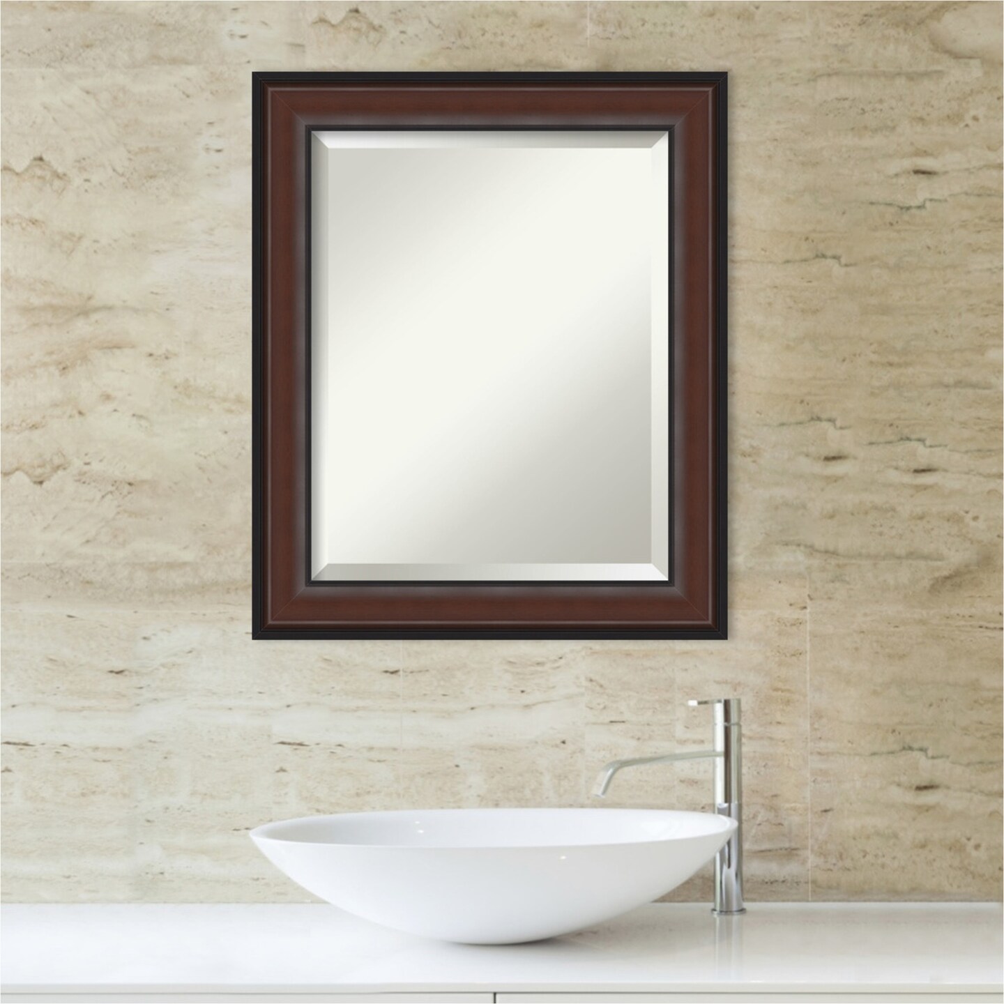 Beveled Bathroom Wall Mirror, Harvard Walnut Frame