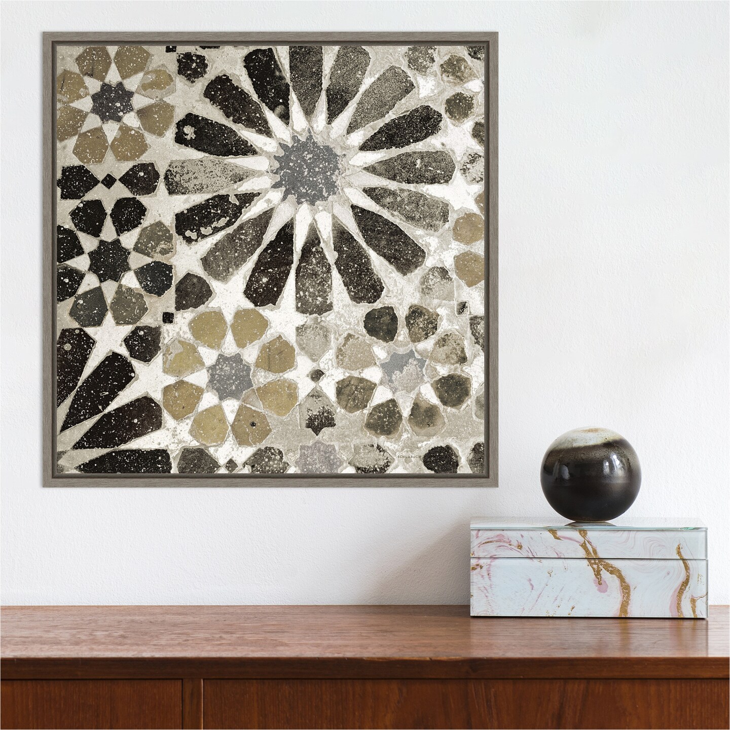 Alhambra Tile III Neutral by Sue Schlabach 16-in. W x 16-in. H. Canvas Wall Art Print Framed in Grey