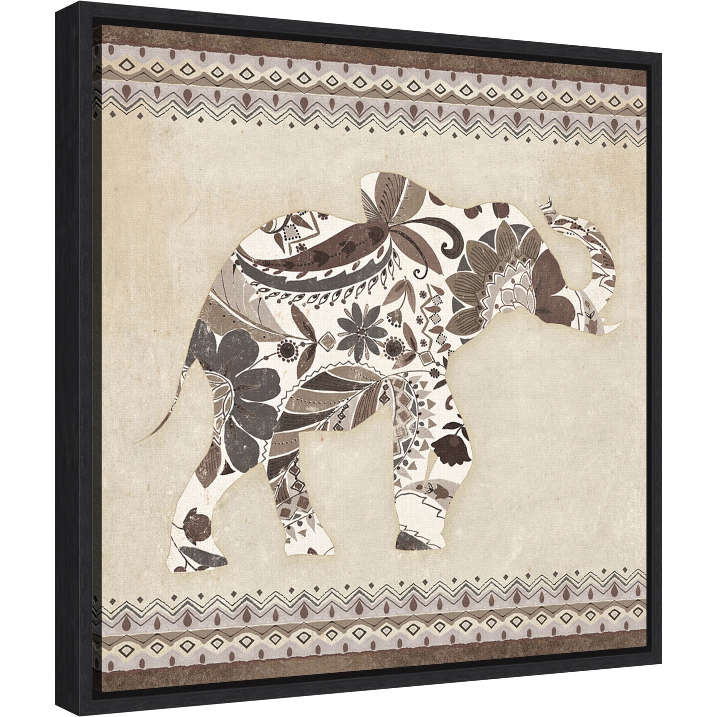 Boho Elephant I Neutral by Wild Apple Portfolio 16-in. W x 16-in. H. Canvas Wall Art Print Framed