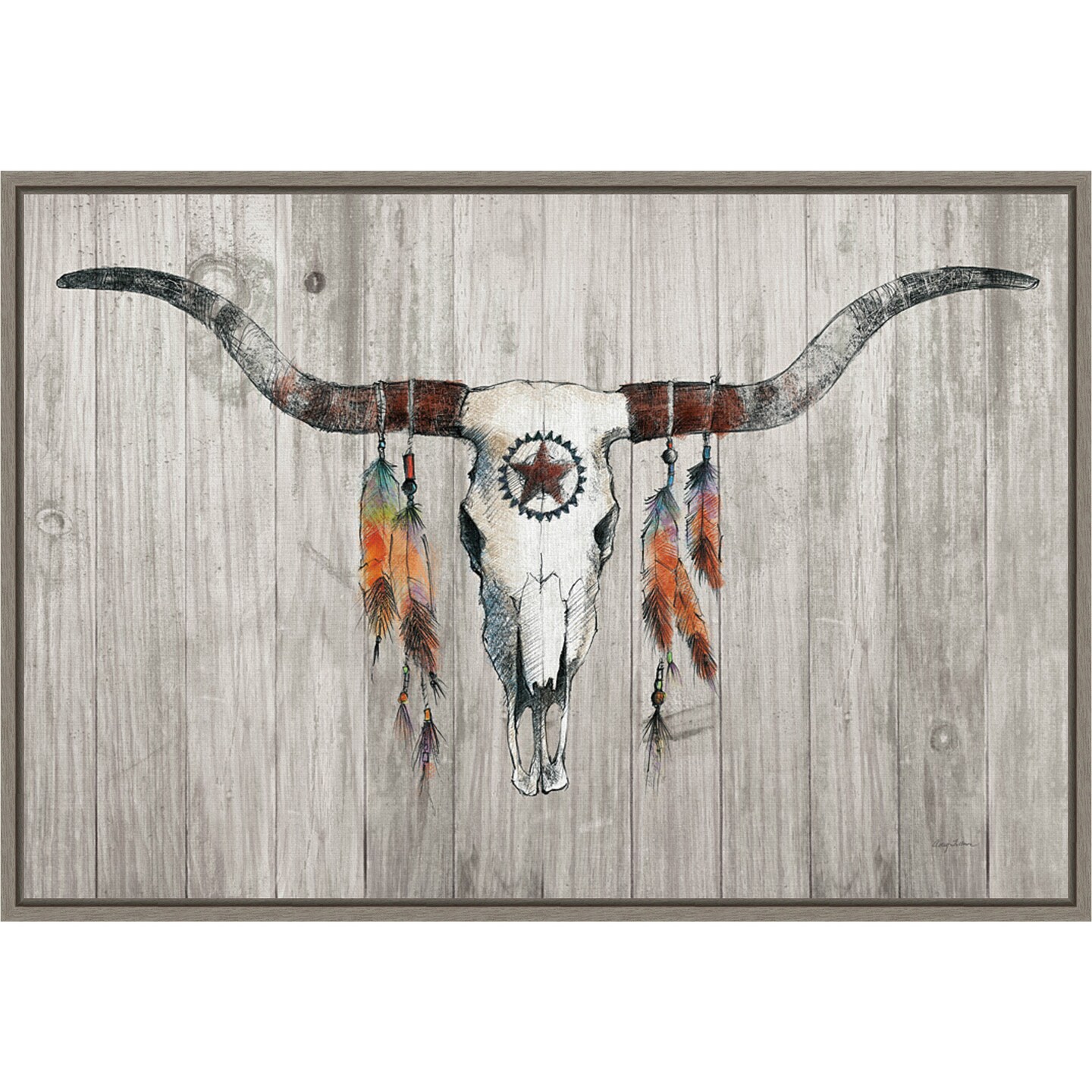 Longhorn on Wood by Avery Tillmon 23-in. W x 16-in. H. Canvas Wall Art Print Framed in Grey