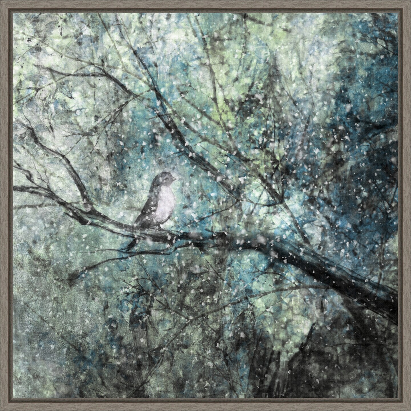 The Silence Of The Snow (Bird in Tree) by Delphine Devos 16-in. W x 16-in. H. Canvas Wall Art Print Framed in Grey