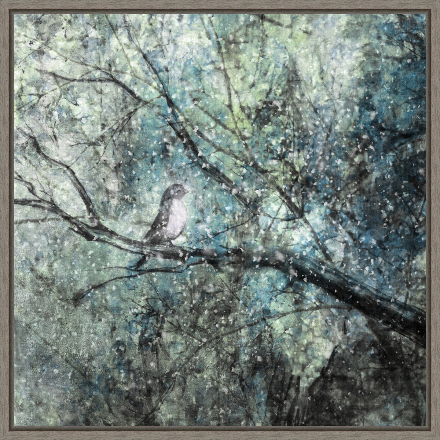 The Silence Of The Snow (Bird in Tree) by Delphine Devos 16-in. W x 16-in. H. Canvas Wall Art Print Framed in Grey