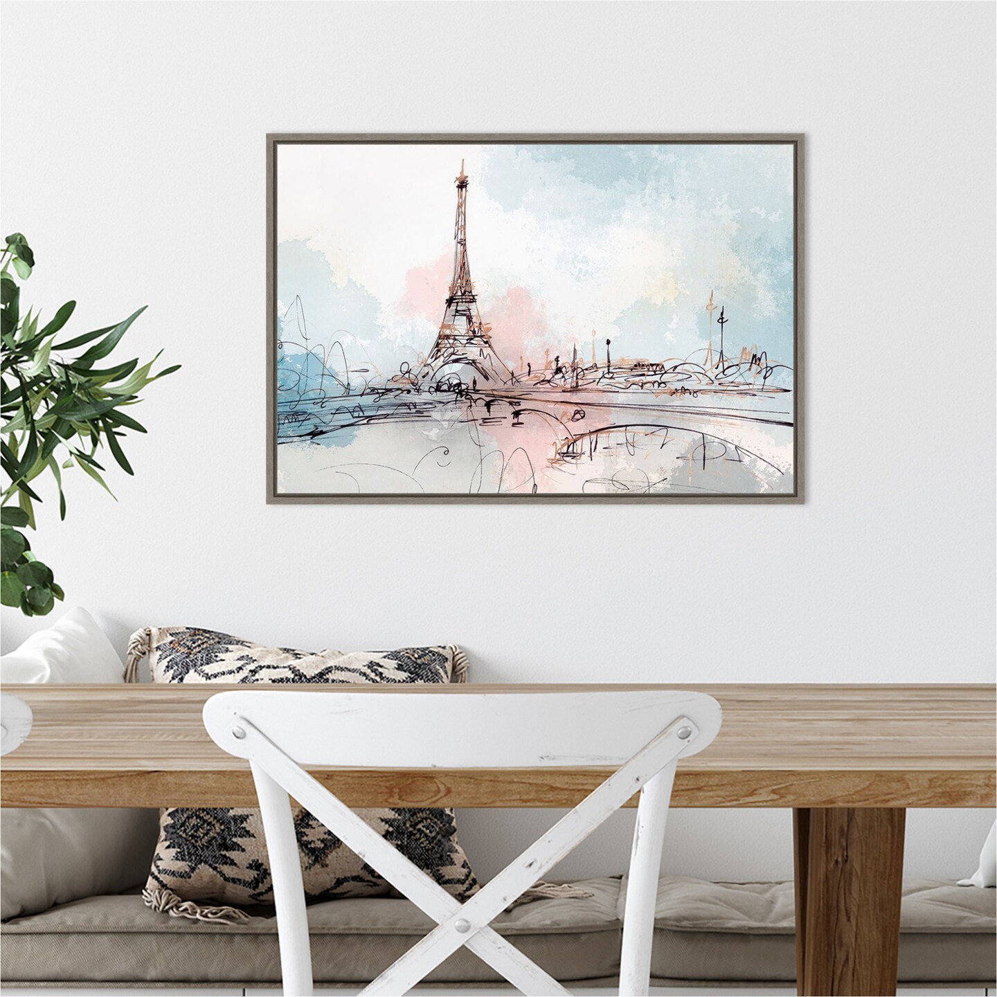 Blushing Paris (Eiffel Tower) by Isabelle Z 23-in. W x 16-in. H. Canvas Wall Art Print Framed in Grey