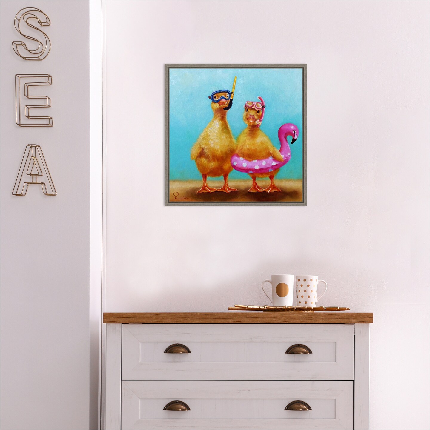 Pool Party (Ducks) by Lucia Heffernan 16-in. W x 16-in. H. Canvas Wall Art Print Framed in Grey