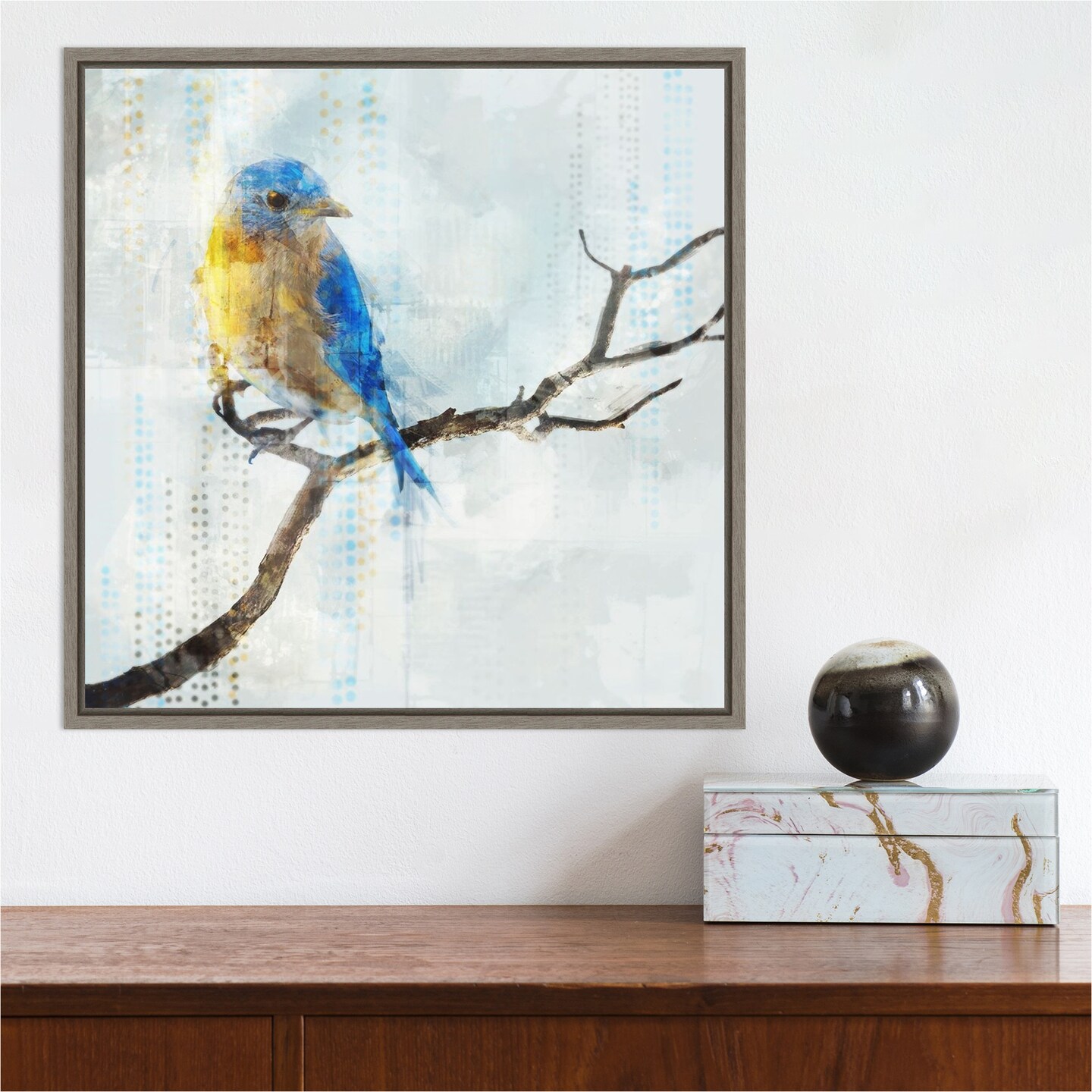 Little Blue Bird I by Ken Roko 16-in. W x 16-in. H. Canvas Wall Art Print Framed in Grey