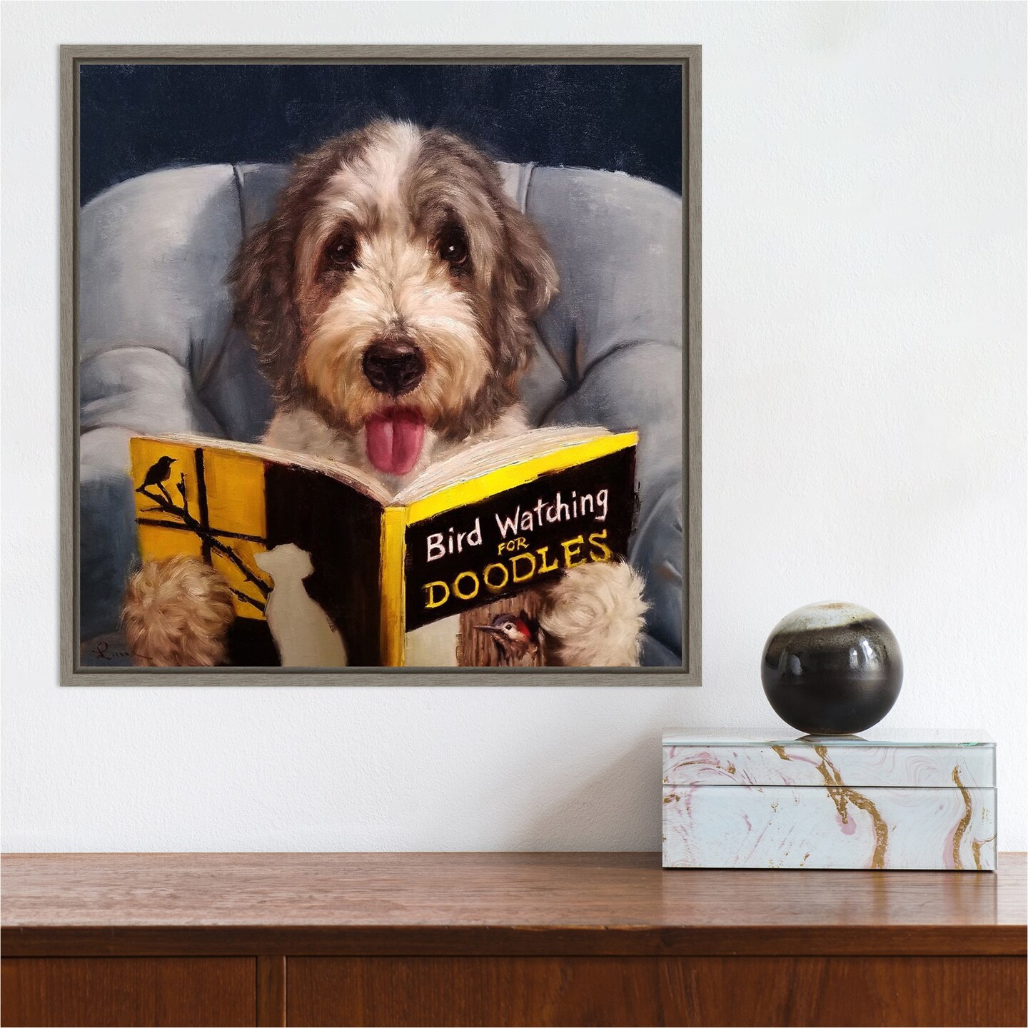 Ornithology For Doodles (Dog) by Lucia Heffernan 16-in. W x 16-in. H. Canvas Wall Art Print Framed in Grey