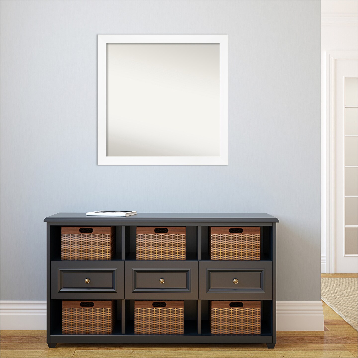 Amanti Art Non-Beveled Wall Mirror, Cabinet White Narrow Frame