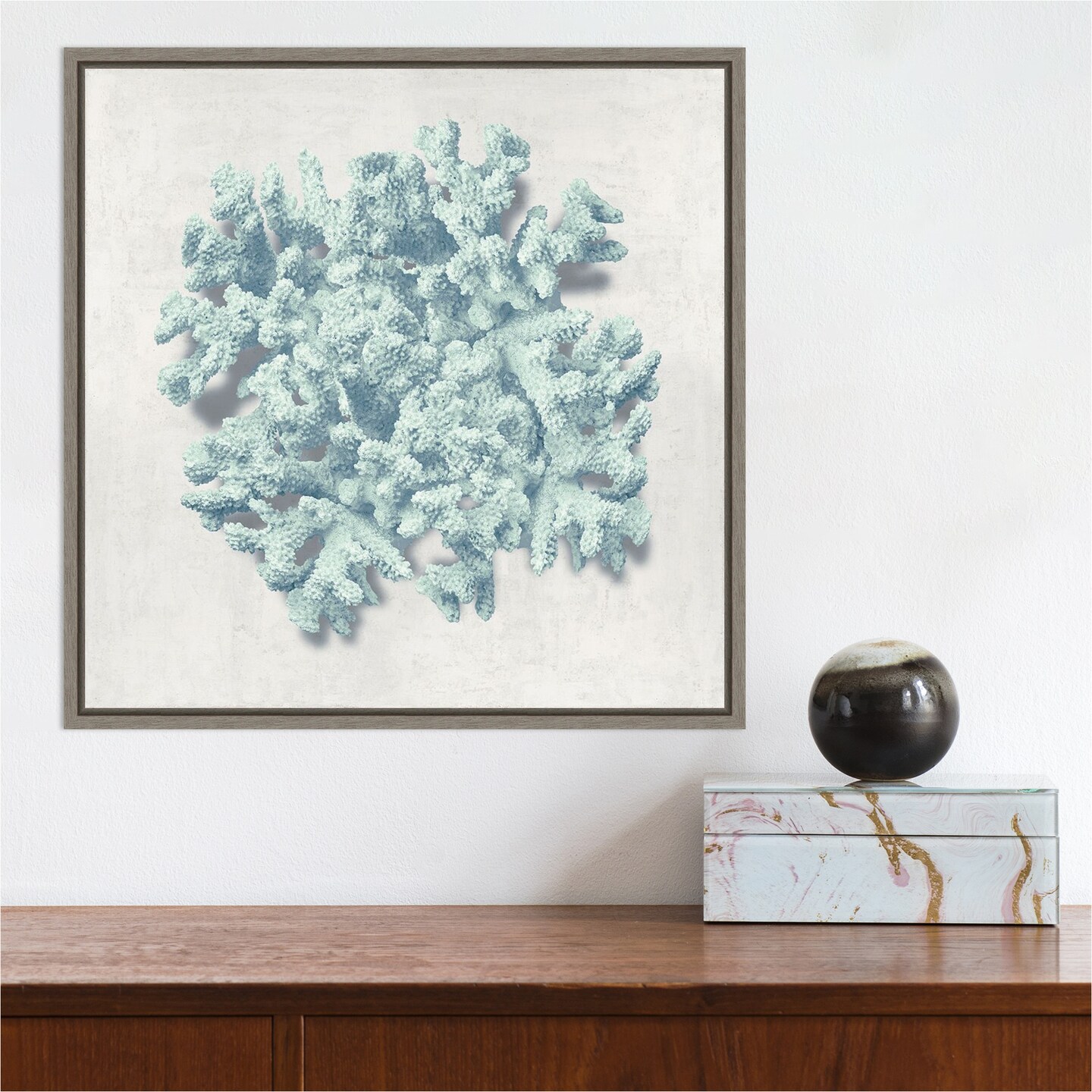 Coral Mint II by Caroline Kelly 16-in. W x 16-in. H. Canvas Wall Art Print Framed in Grey