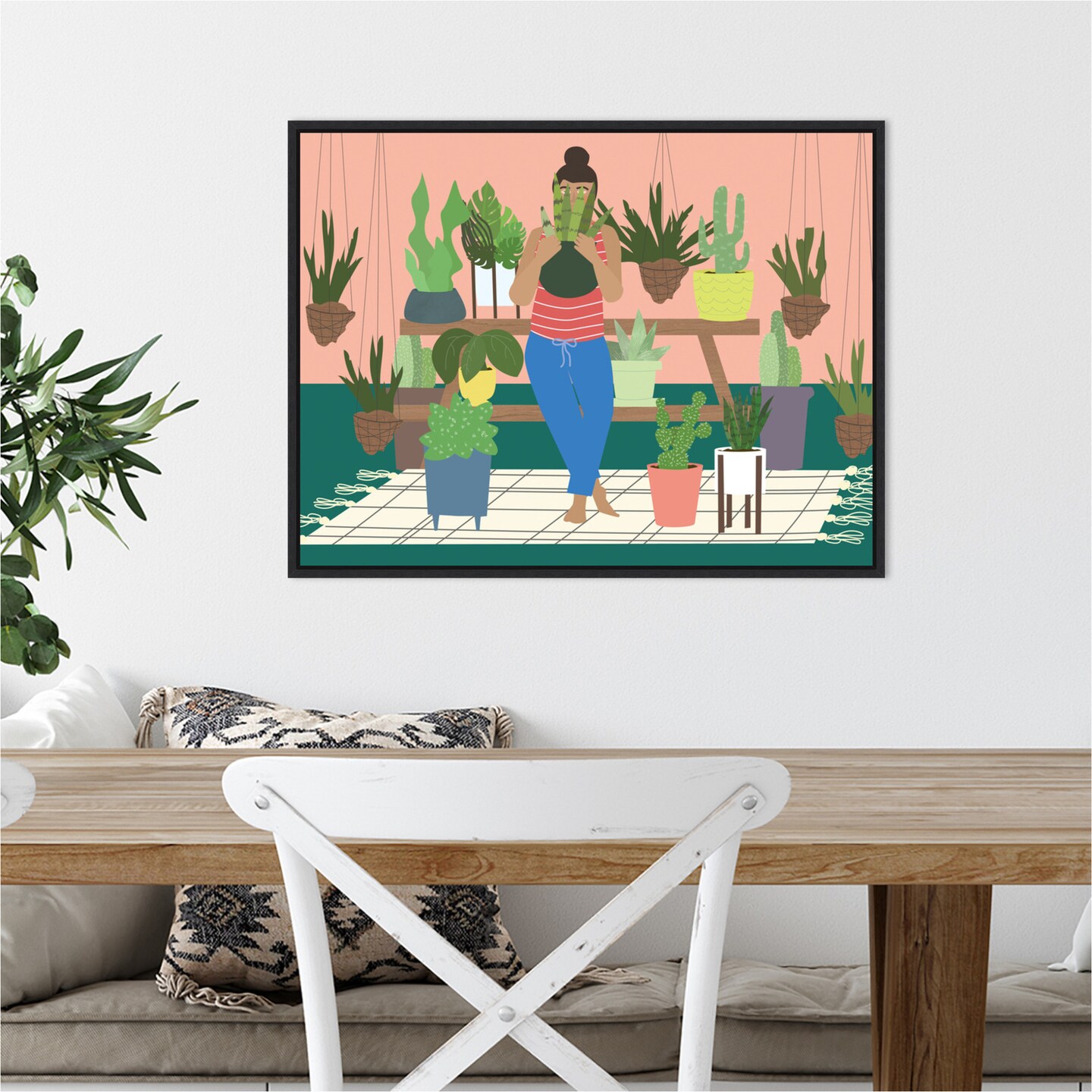 Plant Lady by Queenbe Monyei 24-in. W x 18-in. H. Canvas Wall Art Print Framed in Black