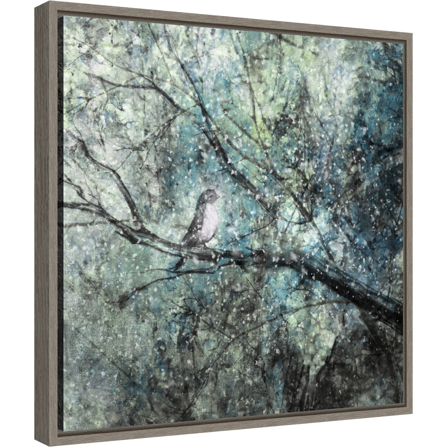 The Silence Of The Snow (Bird in Tree) by Delphine Devos 16-in. W x 16-in. H. Canvas Wall Art Print Framed in Grey