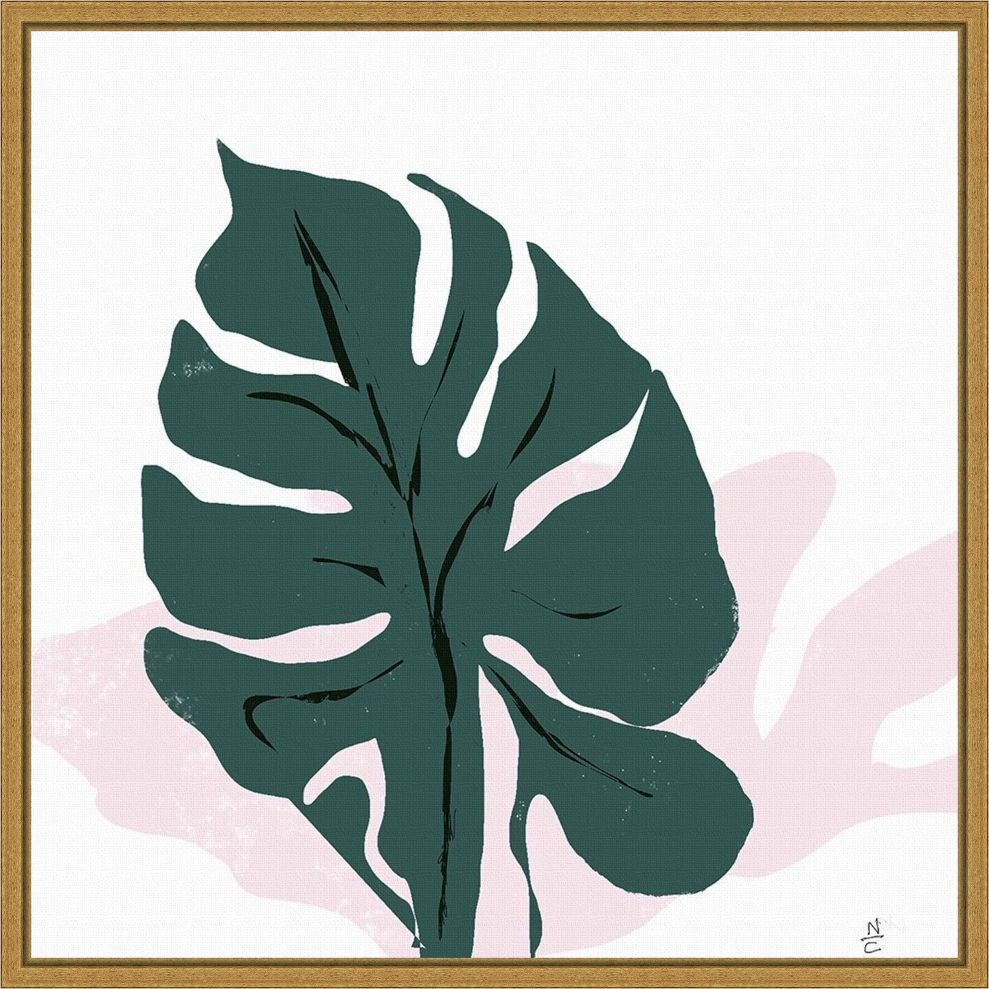 Pink Shadow (Monstera leaf) by Niya Christine 16-in. W x 16-in. H. Canvas Wall Art Print Framed in Gold