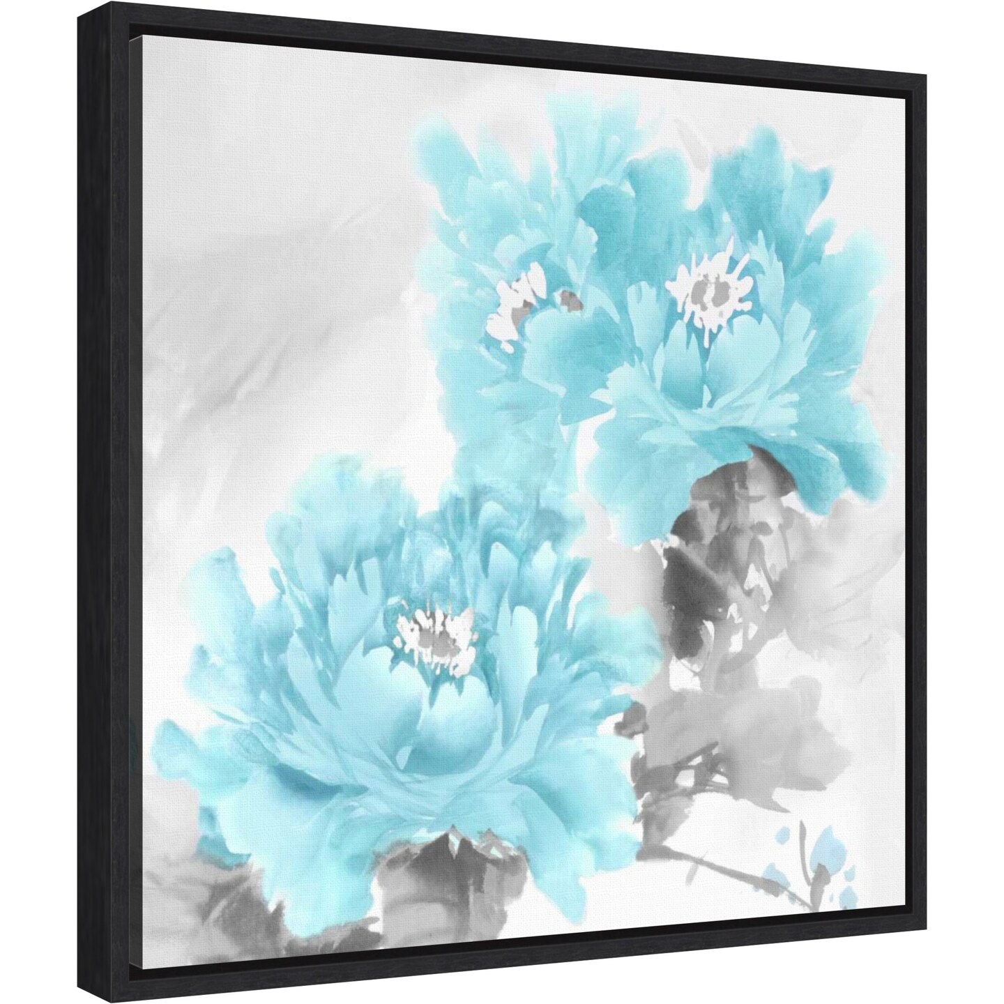 Flower Bloom in Aqua II by Jesse Stevens 16-in. W x 16-in. H. Canvas Wall Art Print Framed in Black