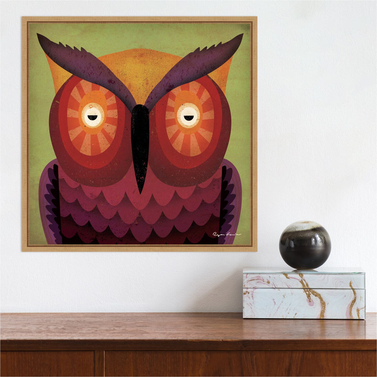 Owl by Ryan Fowler 16-in. W x 16-in. H. Canvas Wall Art Print Framed in Natural