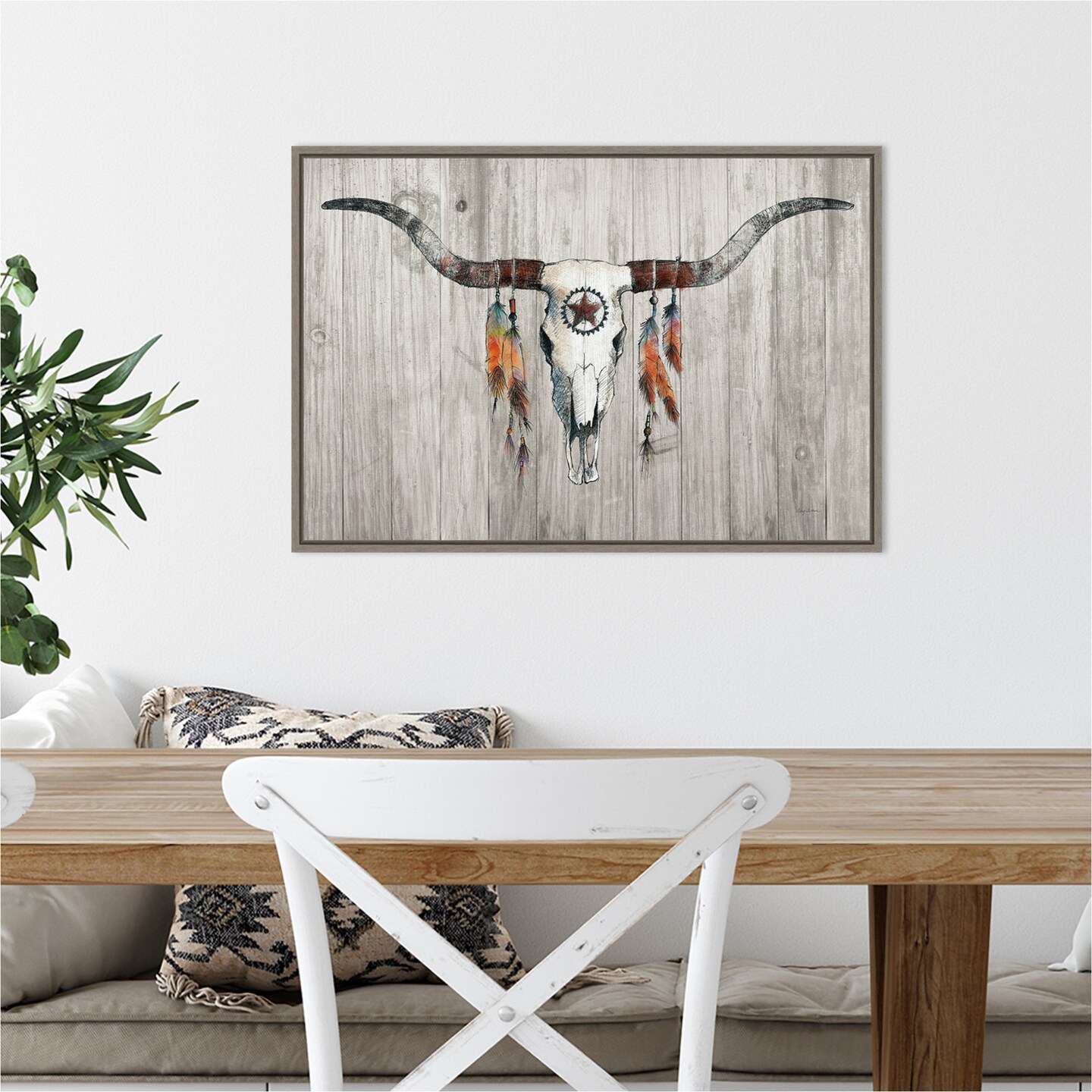 Longhorn on Wood by Avery Tillmon 23-in. W x 16-in. H. Canvas Wall Art Print Framed in Grey