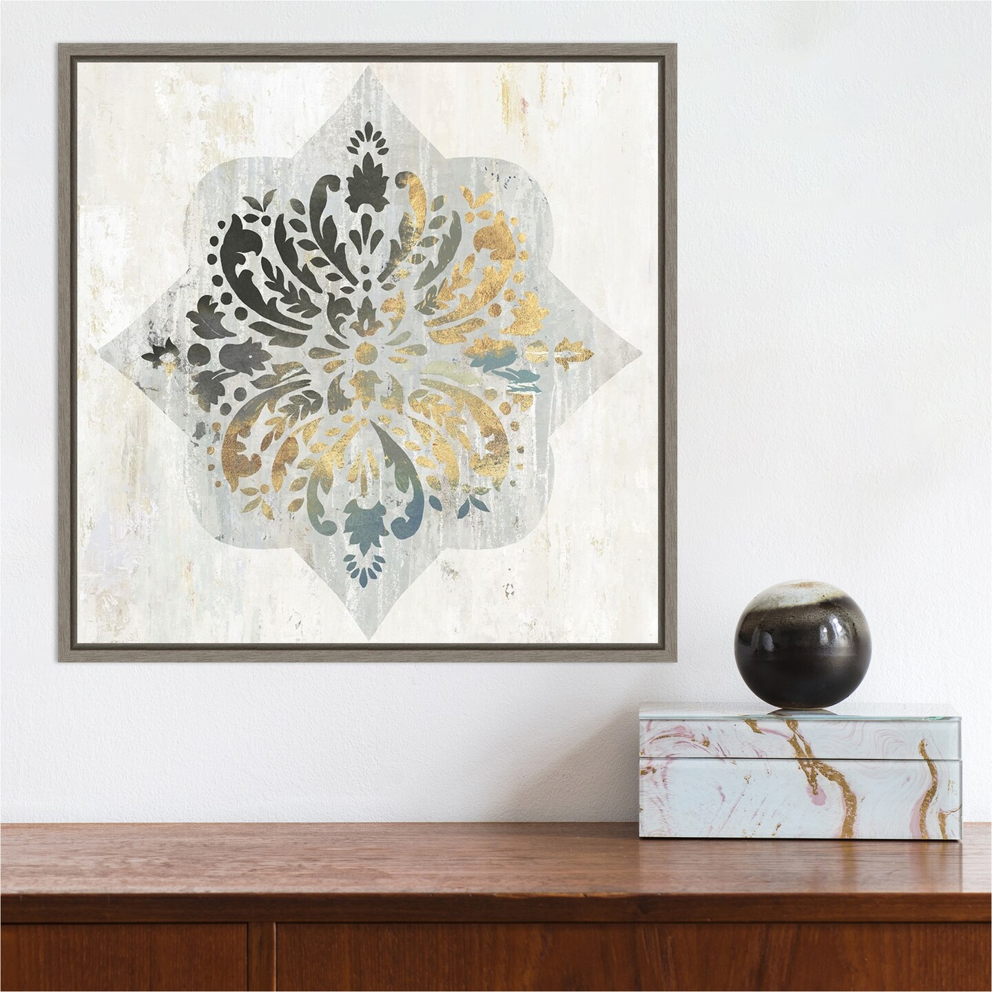 Blue Medallion by Aimee Wilson 16-in. W x 16-in. H. Canvas Wall Art Print Framed in Grey