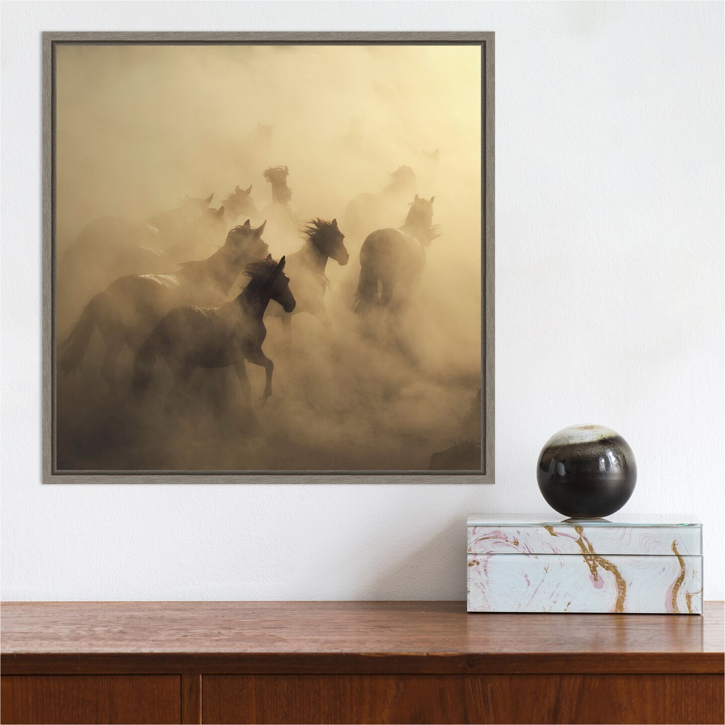 Migration of Horses by 1x 16-in. W x 16-in. H. Canvas Wall Art Print Framed in Grey