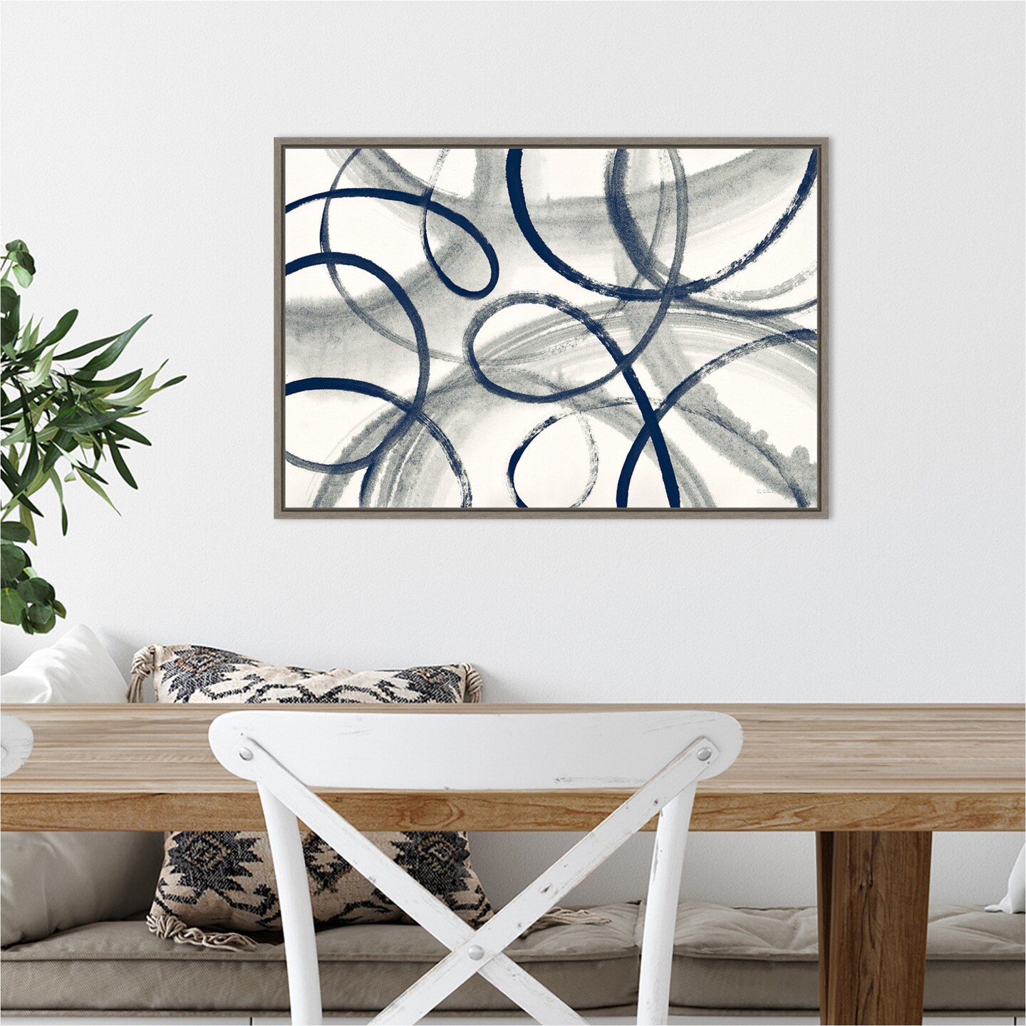 Calligraphia with Navy by Sue Schlabach 23-in. W x 16-in. H. Canvas Wall Art Print Framed in Grey