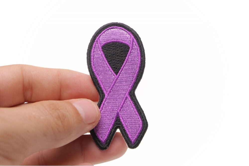 Patch, Embroidered Patch (Iron-On or Sew-On), Purple Ribbon Pancreatic Cancer Awareness, 3" x 1.25"