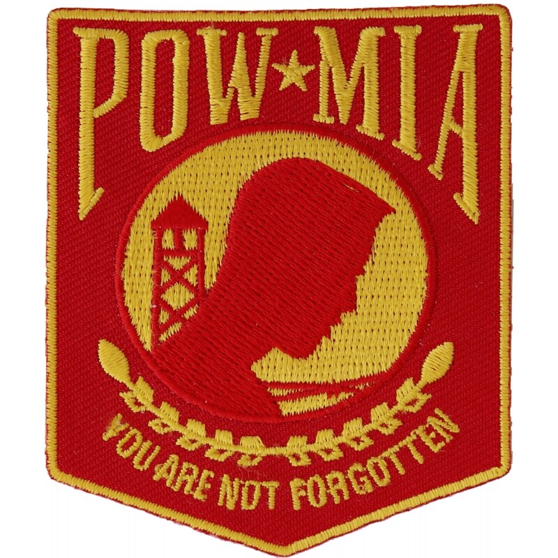 Patch, Embroidered Patch (Iron-On or Sew-On), POW MIA Shield (Red and Yellow), 2.5" x 3"