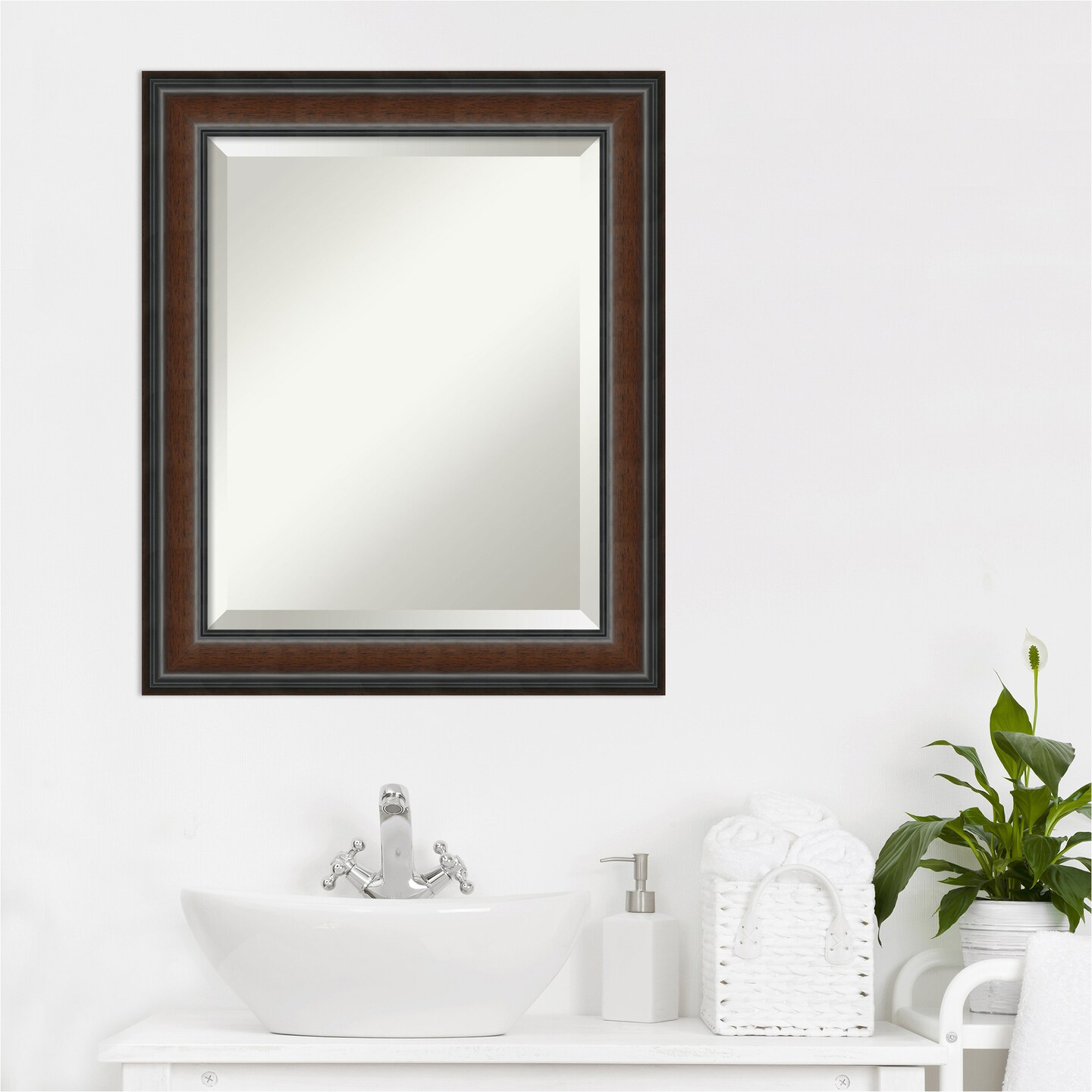 Beveled Wood Bathroom Wall Mirror, Cyprus Walnut Narrow Frame
