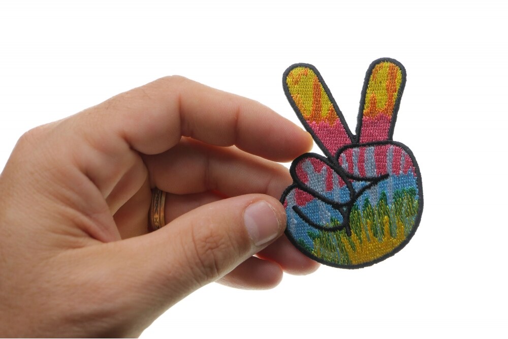 Patch, Embroidered Patch (Iron-On or Sew-On), Colorful Tie Dye Peace Fingers Hand Sign, 2&#x22; x 3&#x22;
