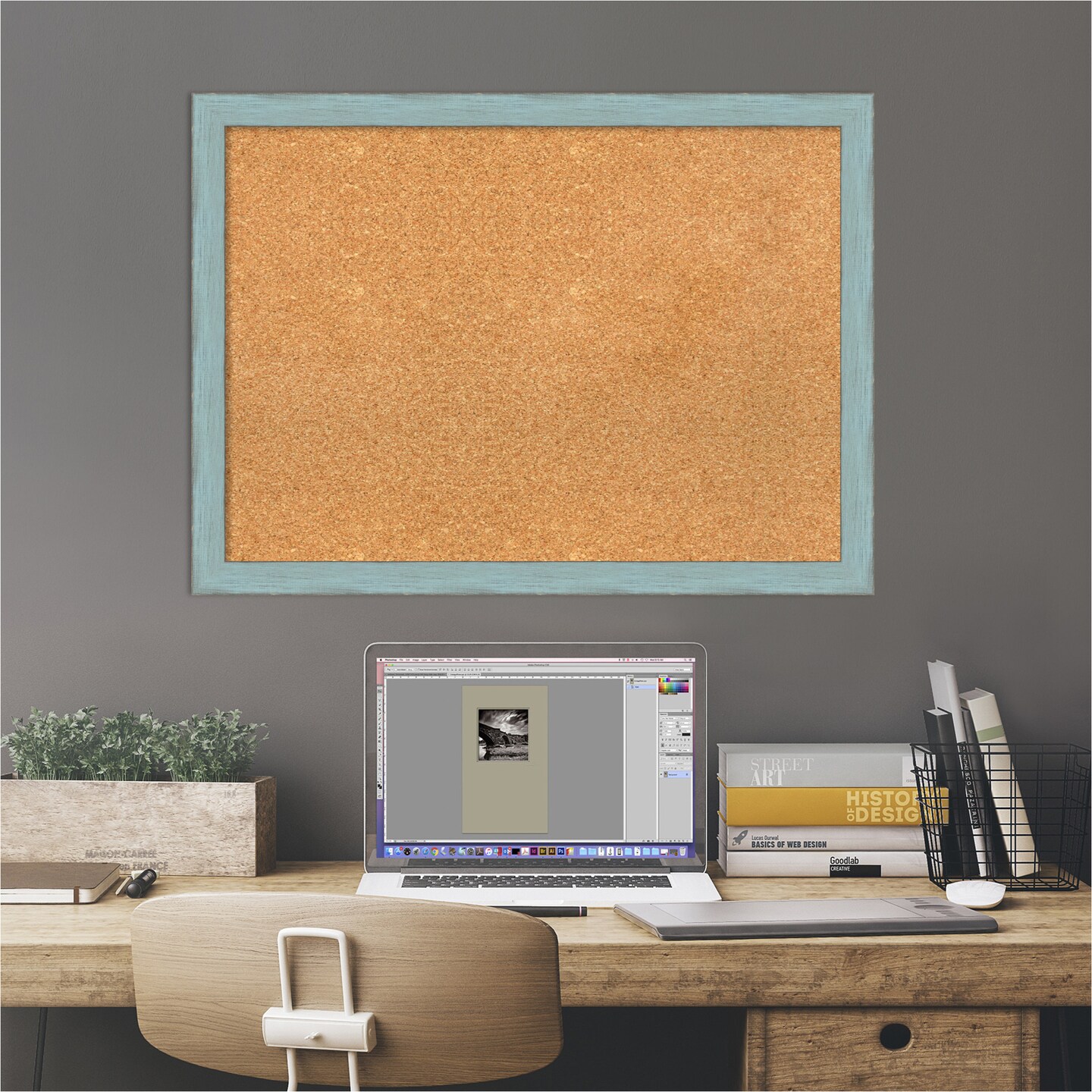 Cork Board, Sky Blue Rustic Wood Frame - Bulletin Board, Organization Board, Pin Board