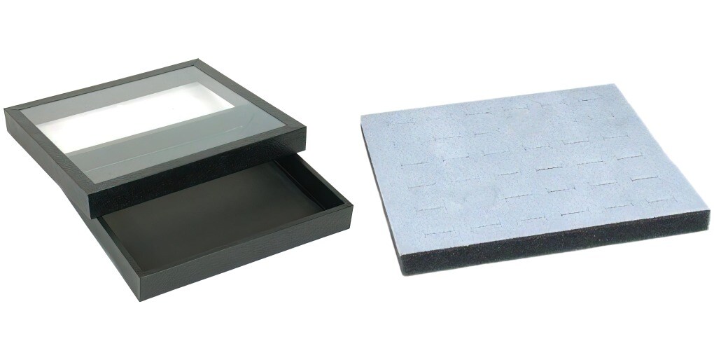 Black Square Display Case (Glass-top Removable Lid) w/ Gray 36-slot Foam Insert