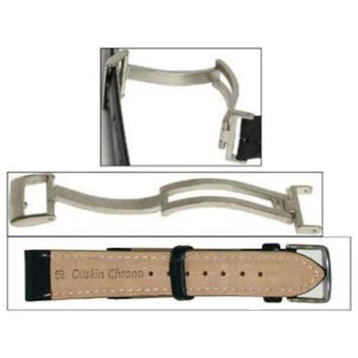 Black Leather Oilskin Watchband &#x26; Deployment Buckle